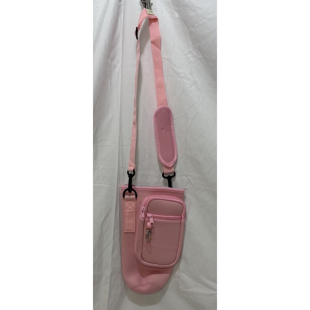 Water Bottle Carry Bag Sleeve Holder with Strap and Phone Pockets & Cards Pink